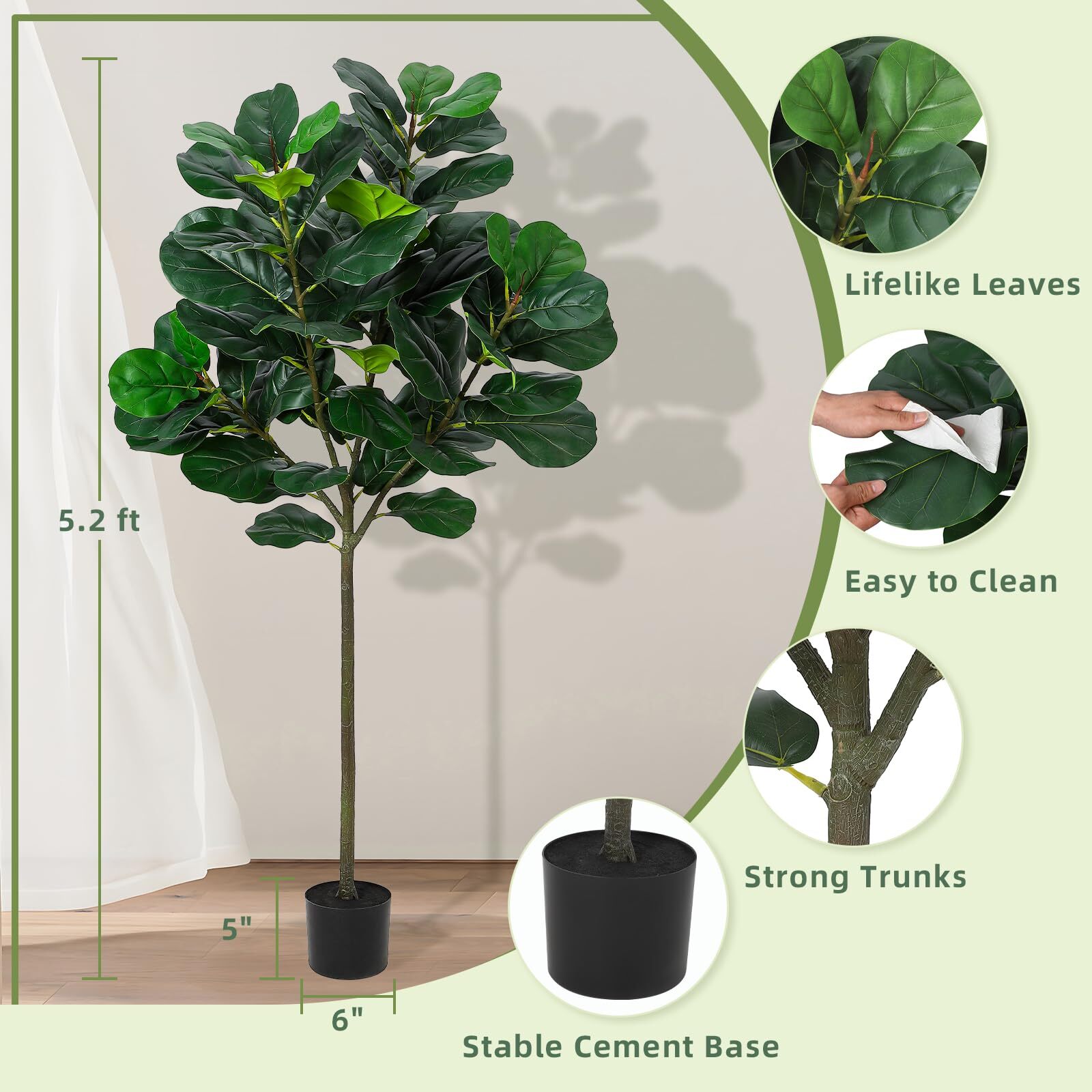 5.2 Ft Artificial Fiddle Leaf Fig Tree Tall Fake Plants Large Floor Plant Gift