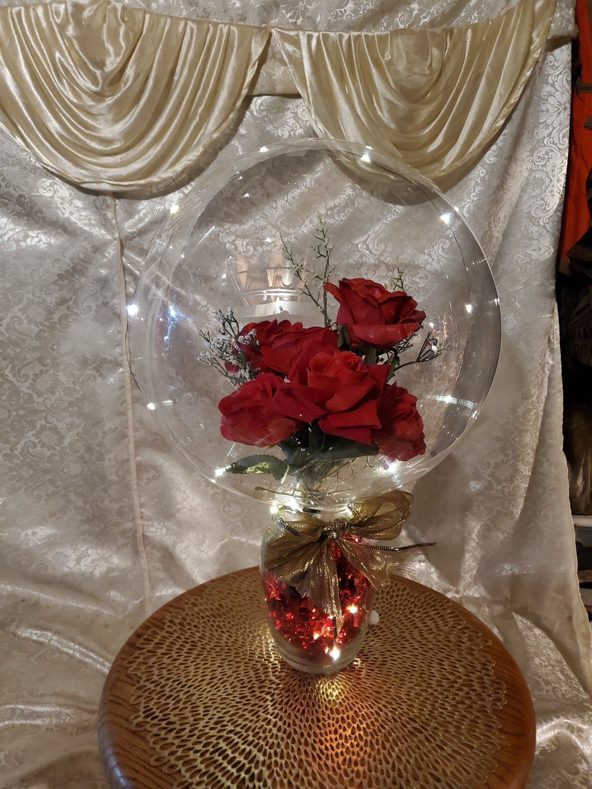 Valentines Day Gift, Pink Rose Balloon. Light Balloon, Glass Vase