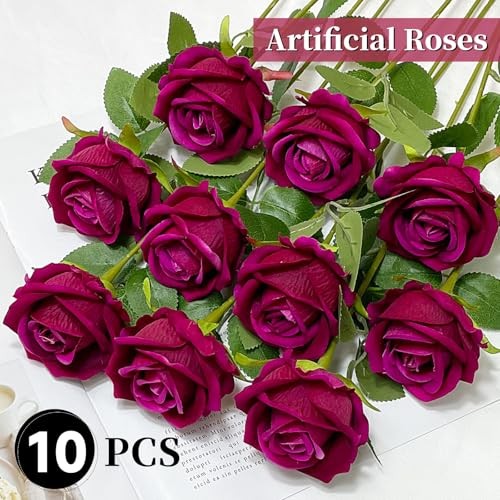 10 PCS Artificial Roses with Long Stems Silk Flowers Realistic Foam Rose Red