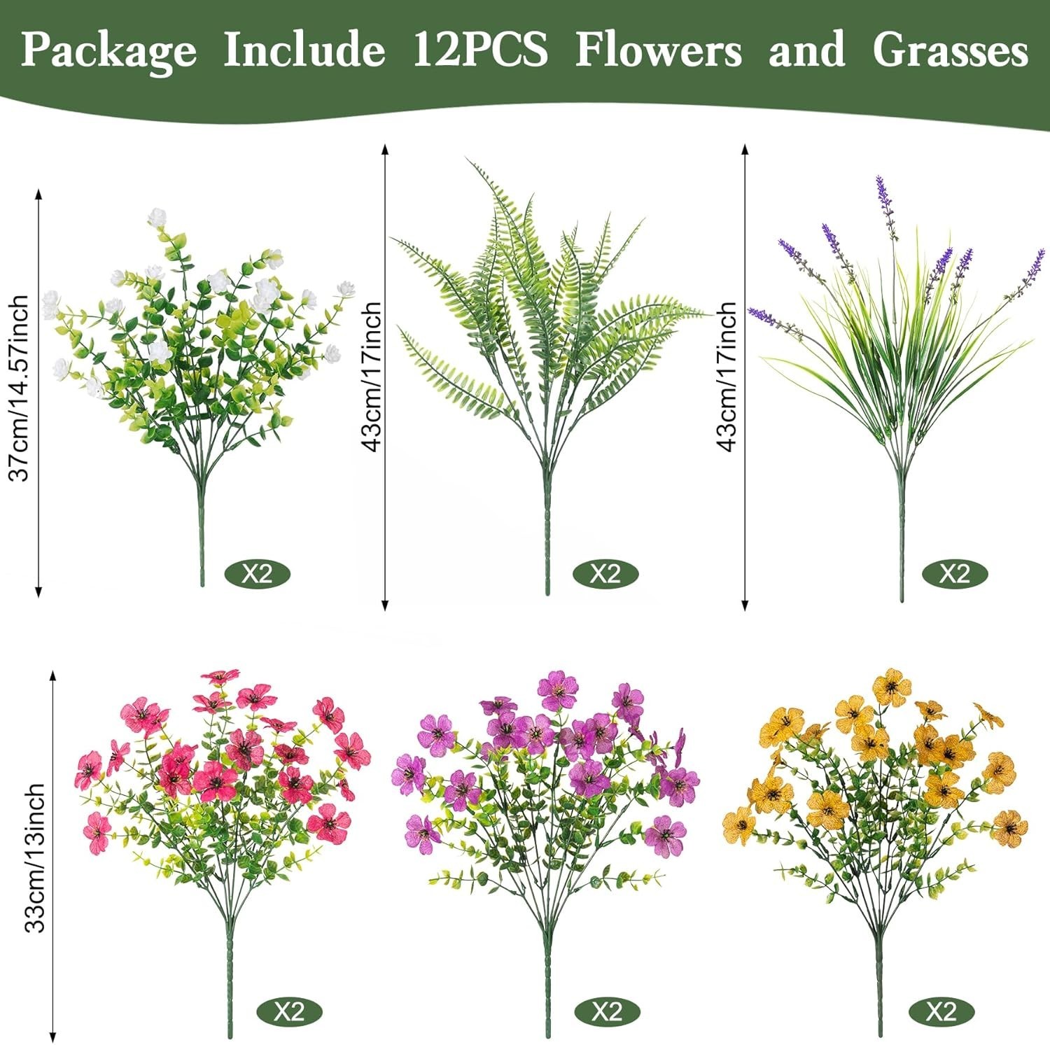 Low Maintenance Outdoor Decoration – 12 PCS Mixed Faux Flowers & Ferns