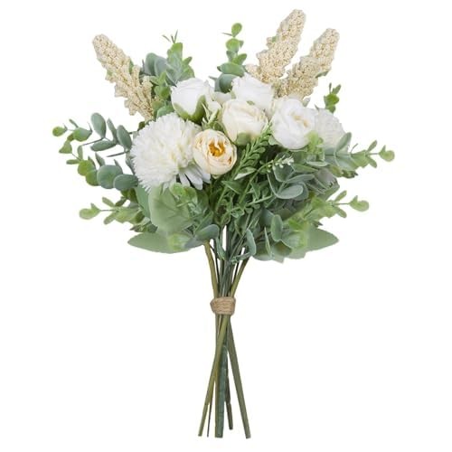 3Pcs Rose Bouquet White&Champagne Artificial Flowers Eucalyptus Plants Silk F…