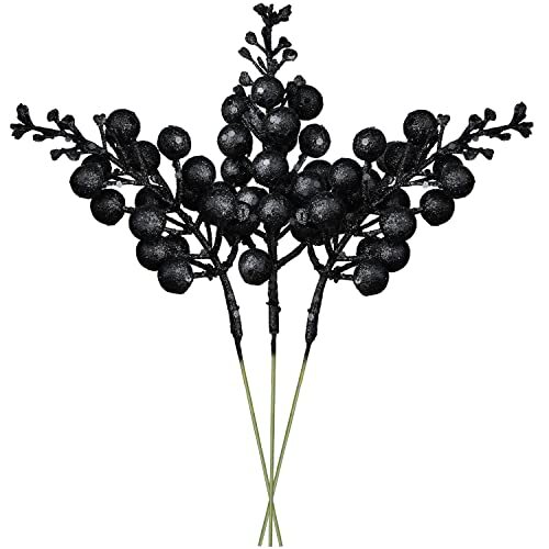 16pcs Christmas Glitter Berry Stems, 7.8″ Artificial Christmas Picks for Black
