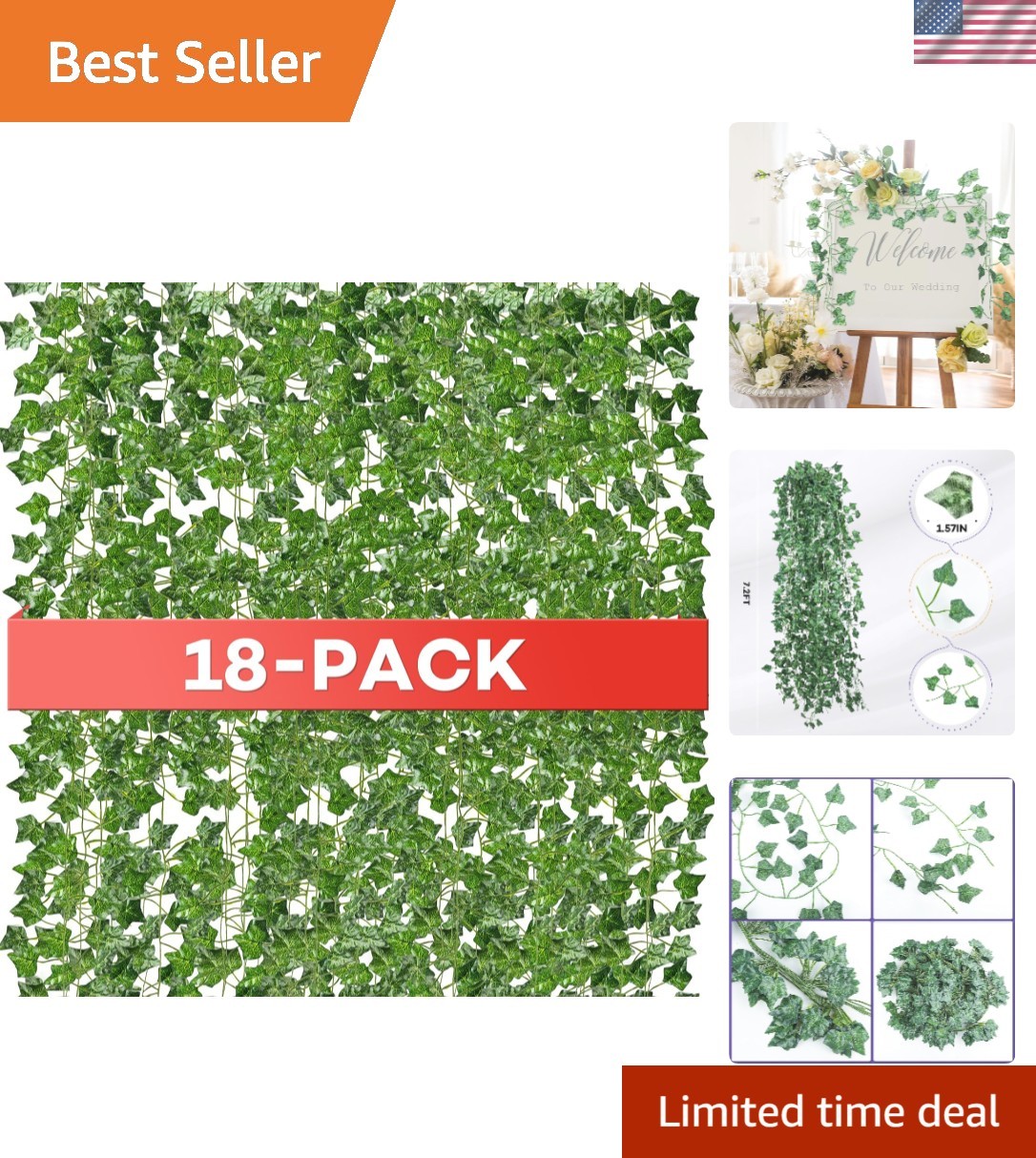 7 Feet Long Fake Ivy Vines, 18 Pack – Ideal for Weddings, Parties & Home Decor