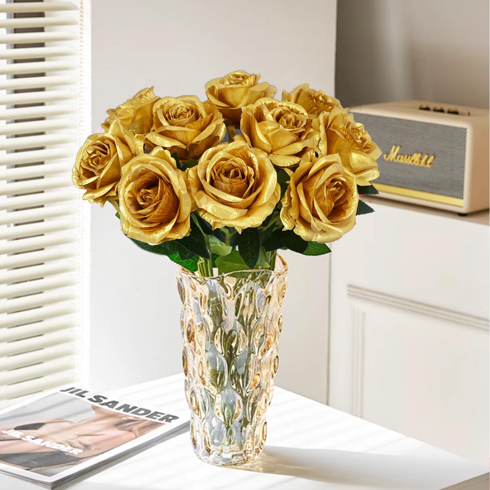 10 Pcs Gold Rose Artificial Flower, Faux Silk Flowers With Long Stems, Fake R…