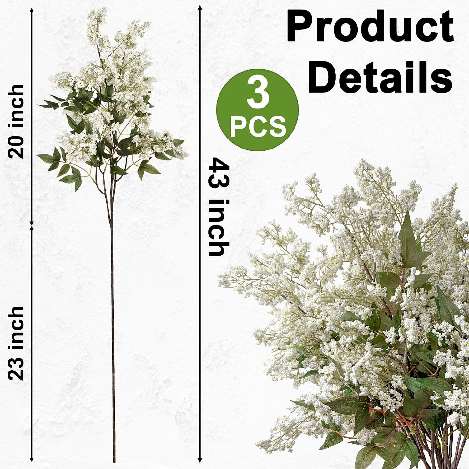 43″ Faux Berry Stems – 3 Pcs White Floral Branches for Home & Wedding Decor