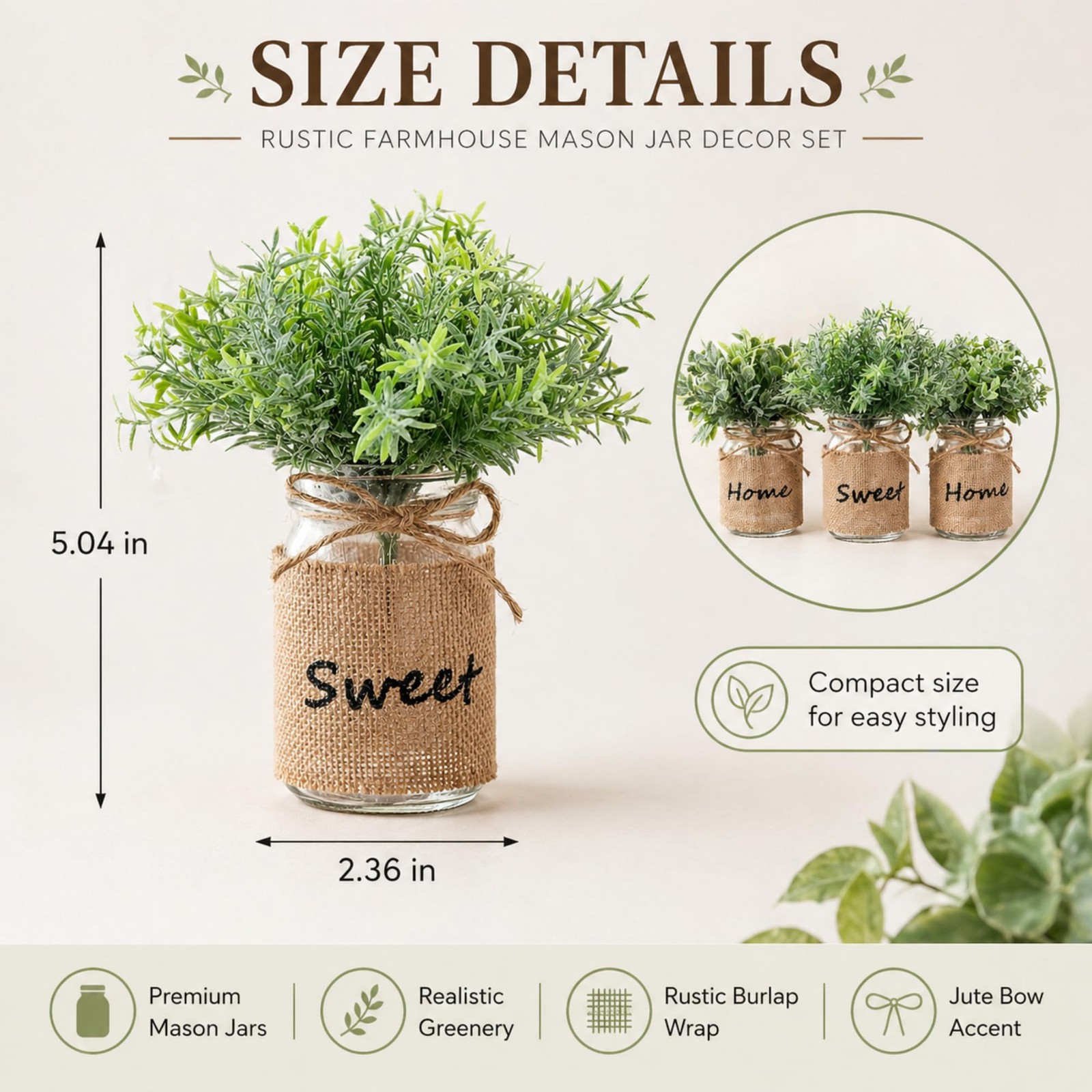 3 Pcs Spring Mason Jar Table Centerpiece Decor Small Fake Plants Farmhouse Ru…