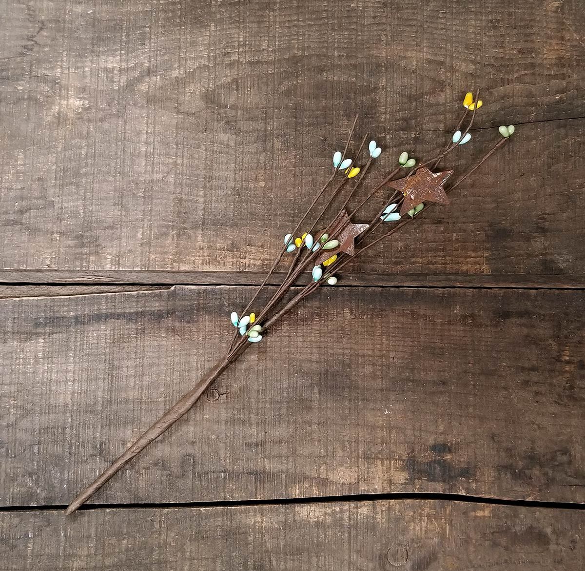 Pip Berry Picks Set/3 Yellow Green Blue with Rusty Stars Primitive Floral Decor