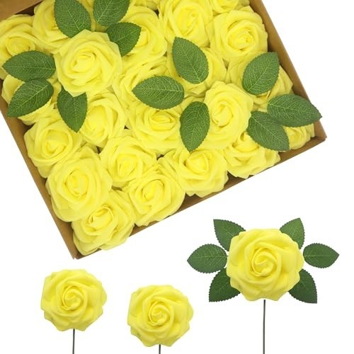 Artificial Flowers Yellow Realistic Roses Latex Foam 100pcs 3 Inch Head 7 Inch