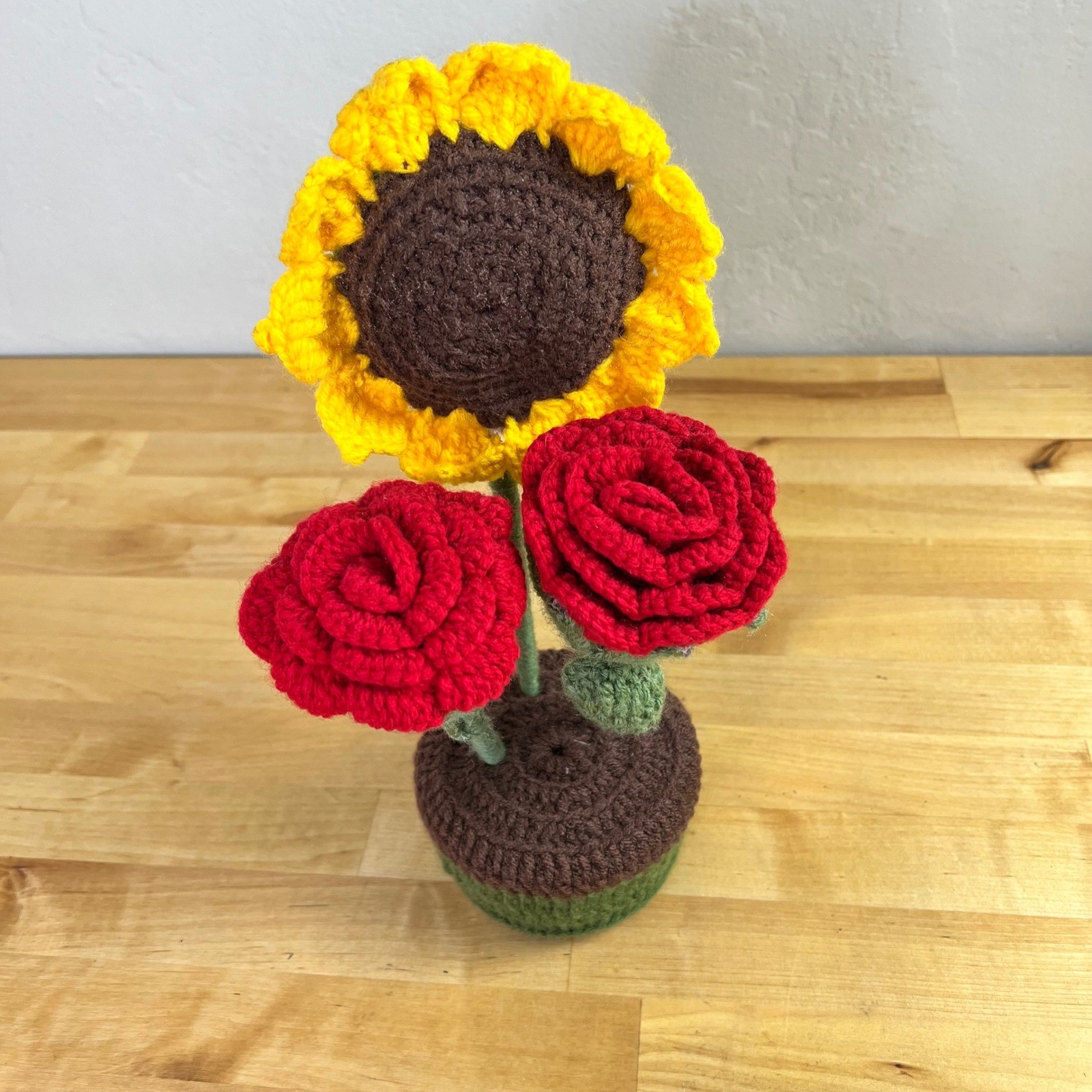 Handmade Crochet Sunflower and Red Roses Potted Plant Decor Floral Cottagecore