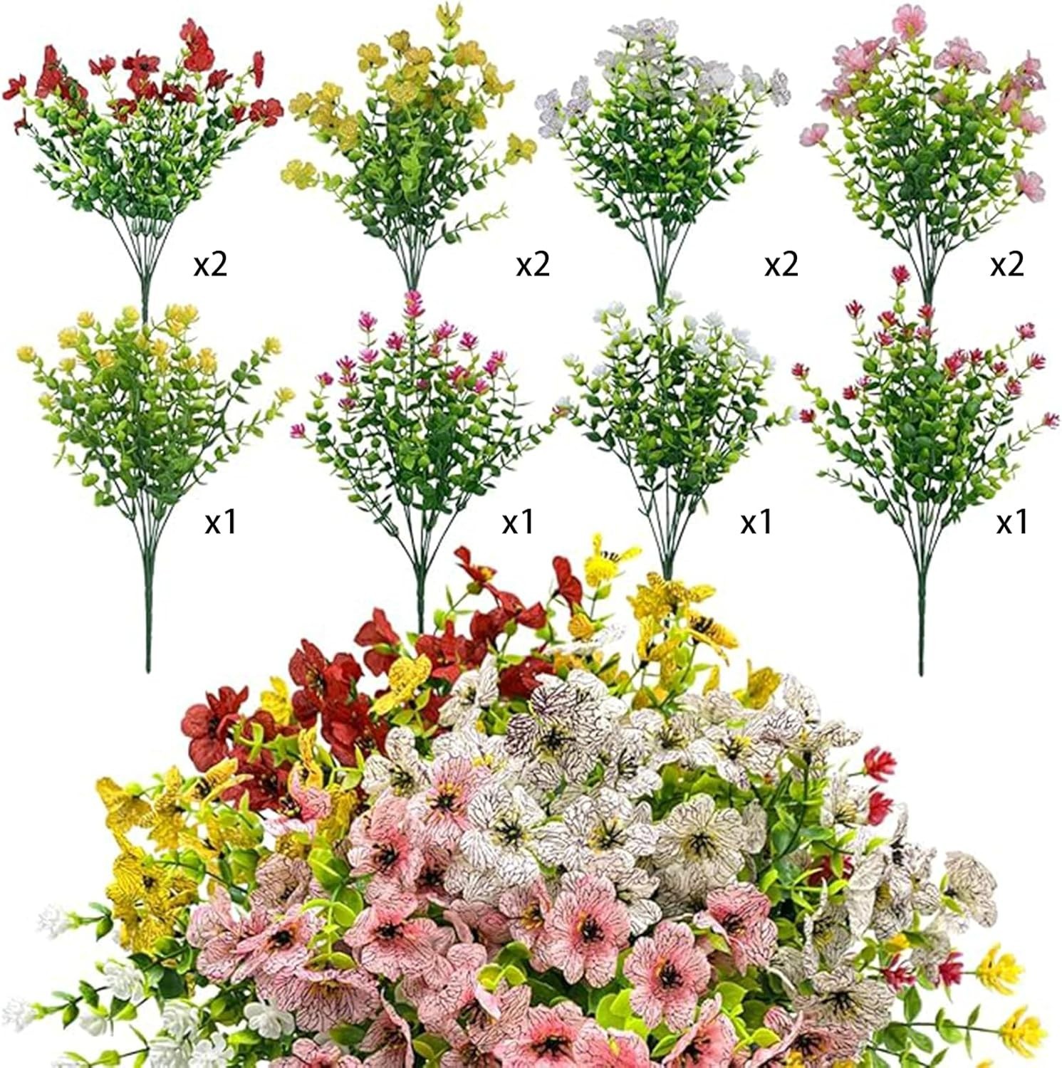 Realistic 12 Pack Outdoor Faux Flowers with Eucalyptus – Low-Maintenance Beauty