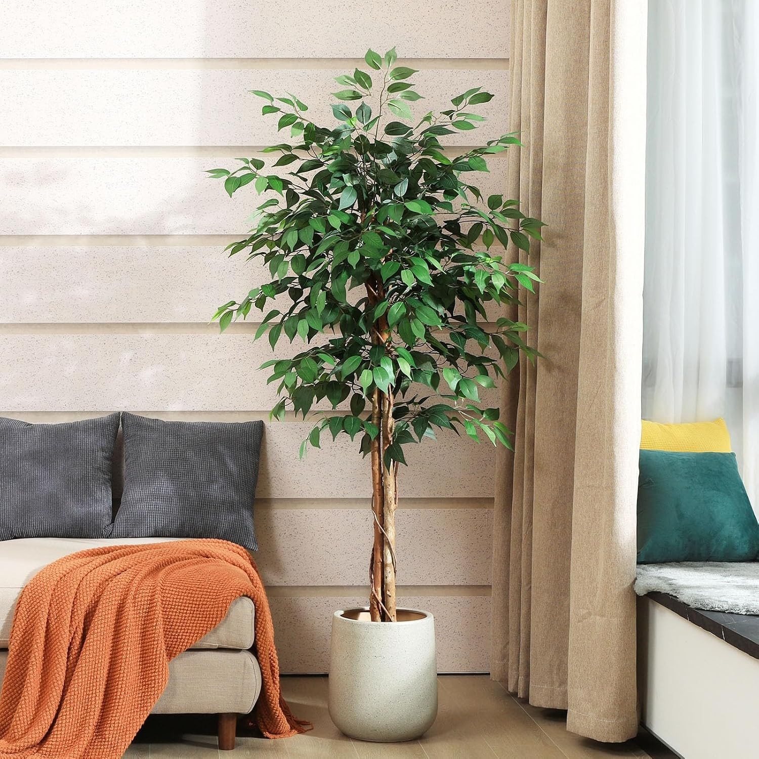 5ft Artificial Ficus Tree with Natural Wood Trunk, Silk Fake Ficus Tree in Pl…