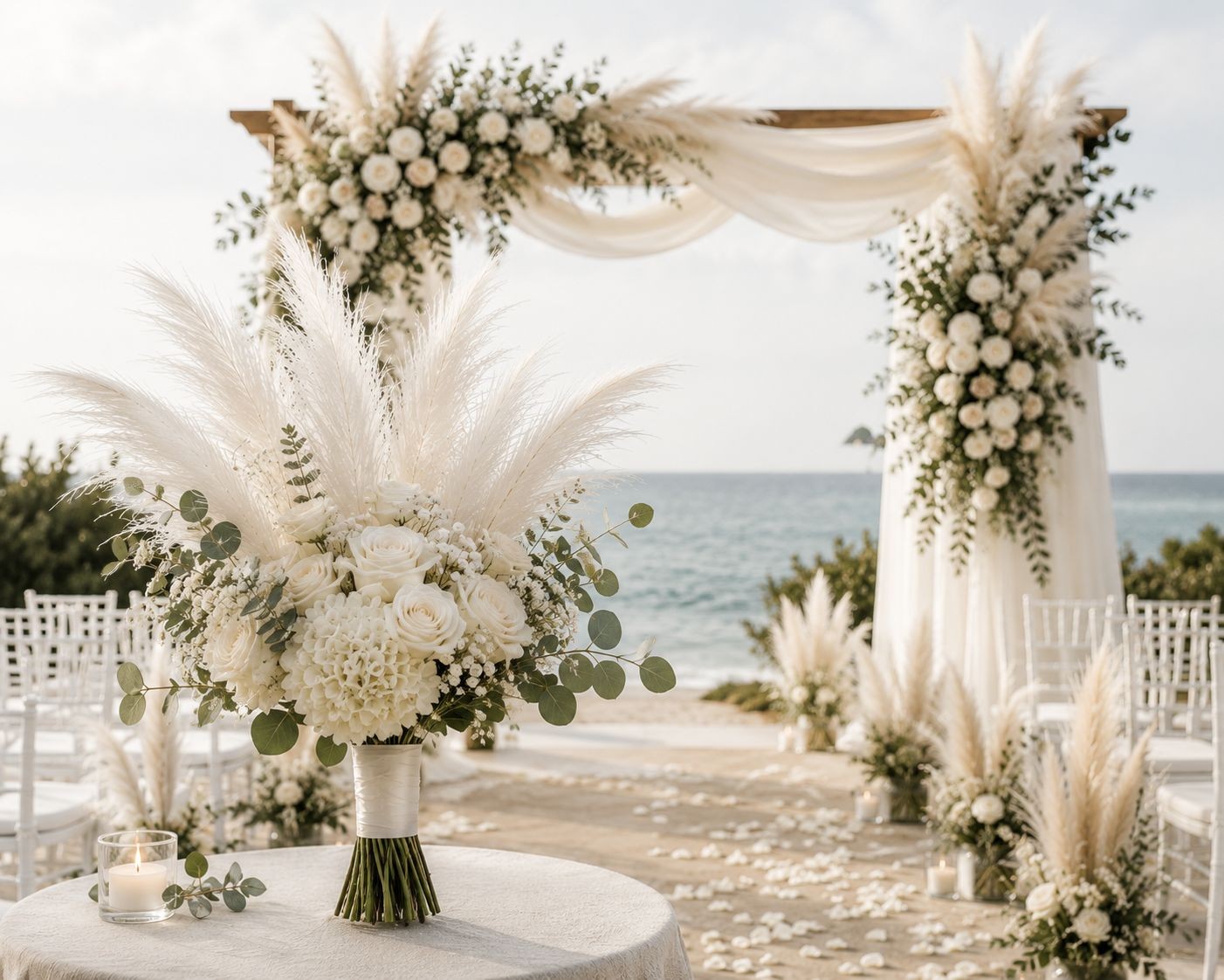 White Faux Pampas Grass Bundle | 3 Artificial Pampas Stems | White Home Decor |