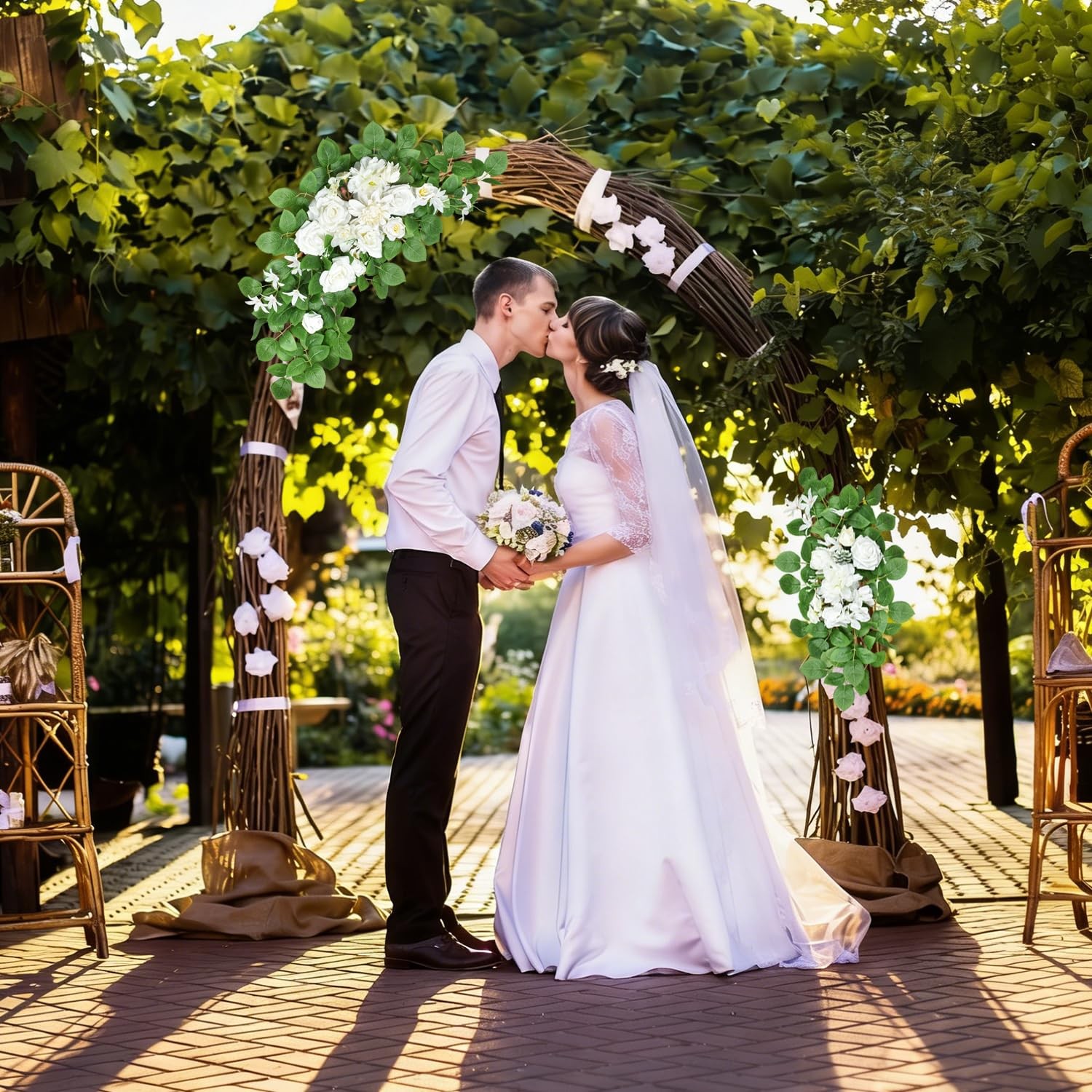 2 PCS White Artificial Wedding Arch Flowers Floral Swags Ceremony Backdrop