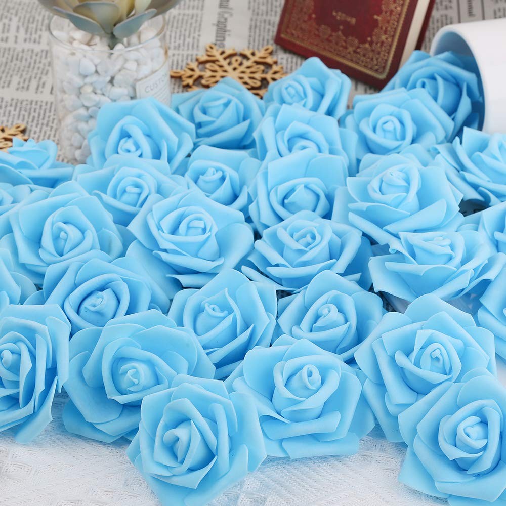Artificial Rose Flower Heads, 100pcs Blue Roses Artificial Flower Foam Rose f…