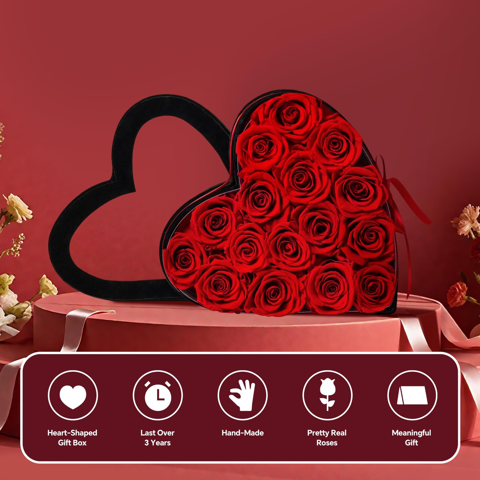 16 PCS Preserved Real Roses Heart Shape Box Forever Flowers Red