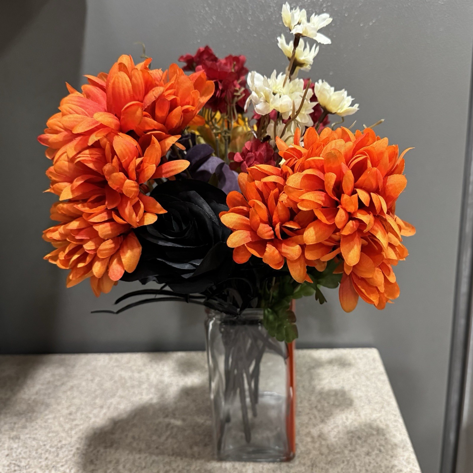 Fall Halloween 15” Display Decor Glass 6” Square Pumpkin Vase Faux Flowers EUC