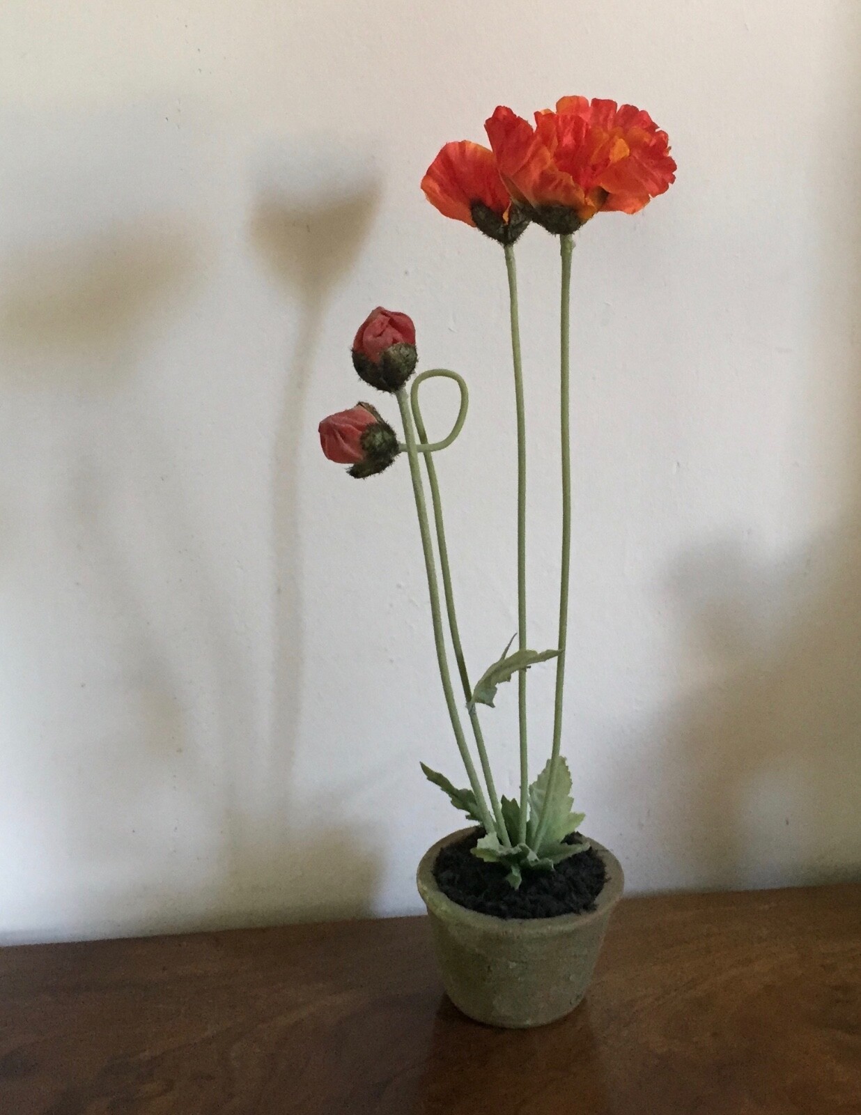 Vintage Fabric Flower or Artificial Plant in Terra Cotta Pot Red Poppy