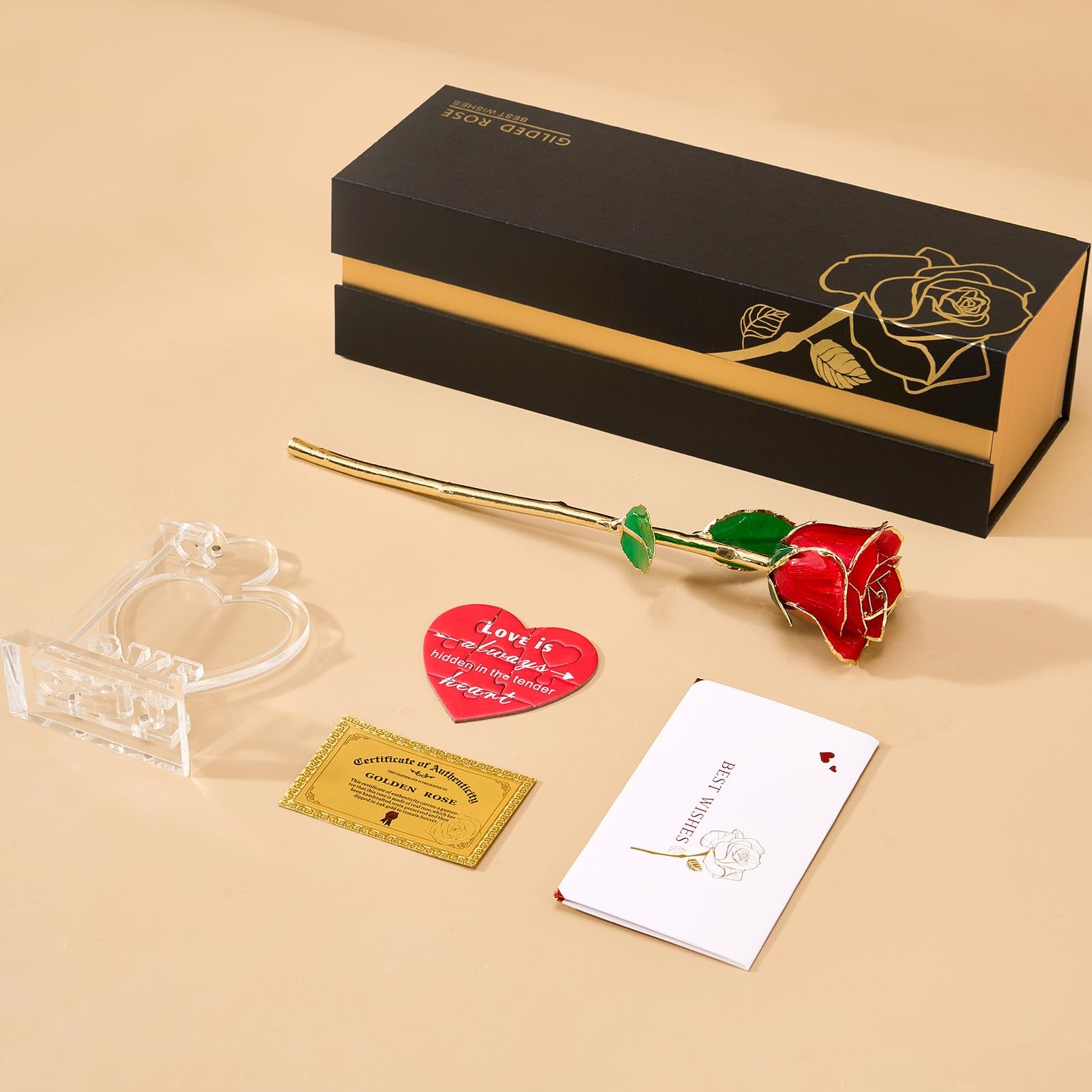 Real 24K Gold Dipped Realistic Rose – Timeless Lifelike Bloom with Heart Puzz…