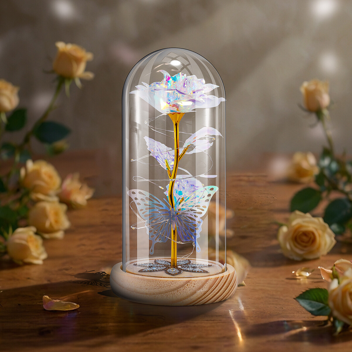 La Rose éternelle illumine le cadeau à la femme décédée dans un dôme de verre
