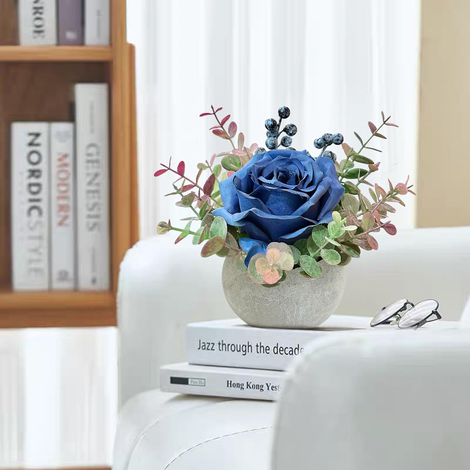 2 Pack Artificial Flowers With Pot Blue Rose Eucalyptus Fake Potted House Plants