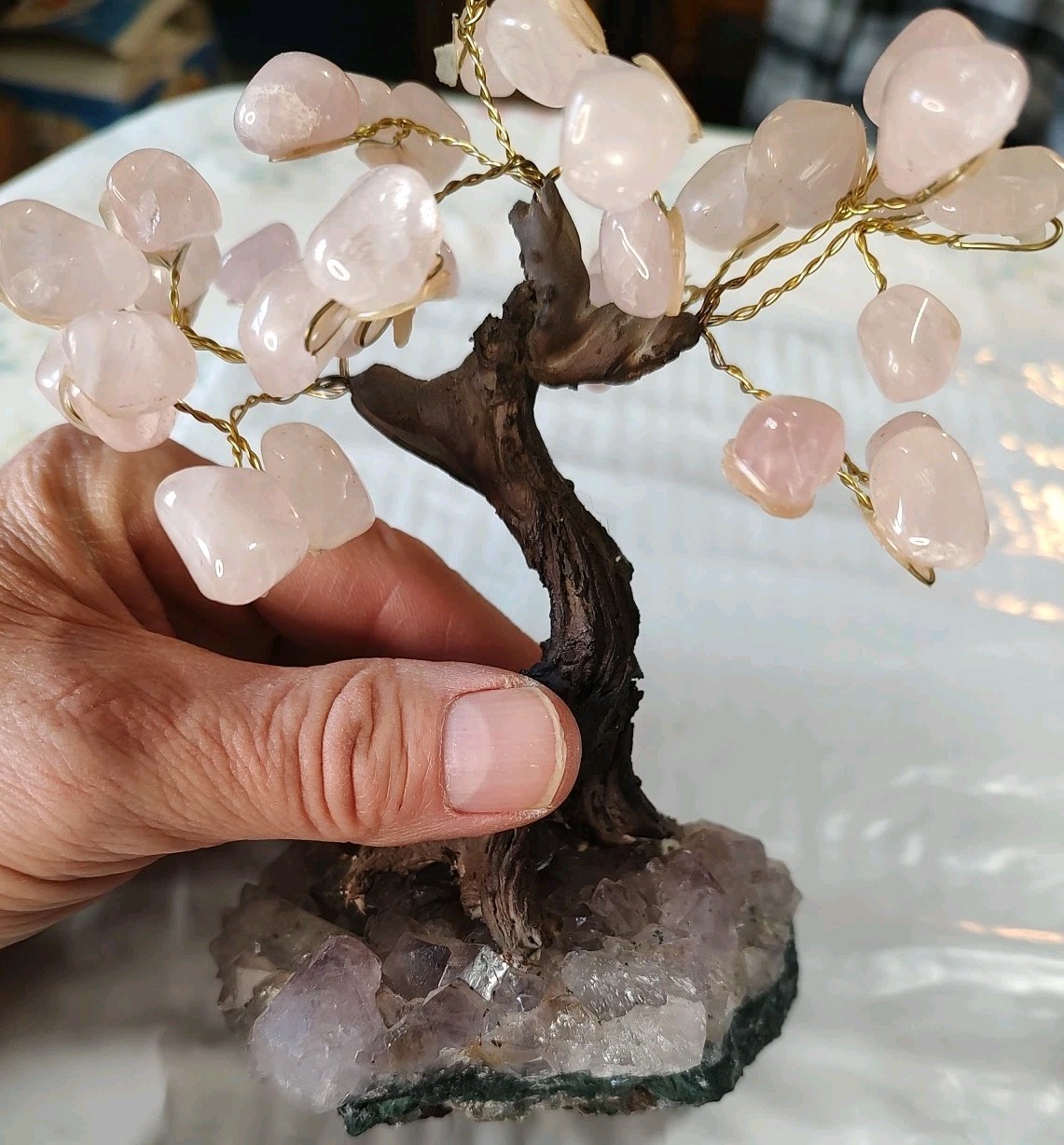 2 Vintage Glass Bonsai Tree Pink Cherry Blossom Artificial Plant Oriental