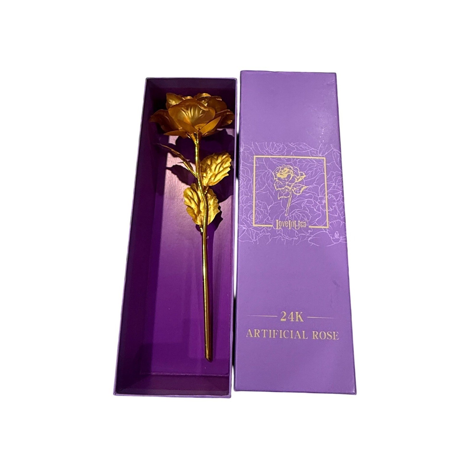 LoveInUSA 24K Artificial Gold Rose Metallic Flower with Purple Gift Box Decor