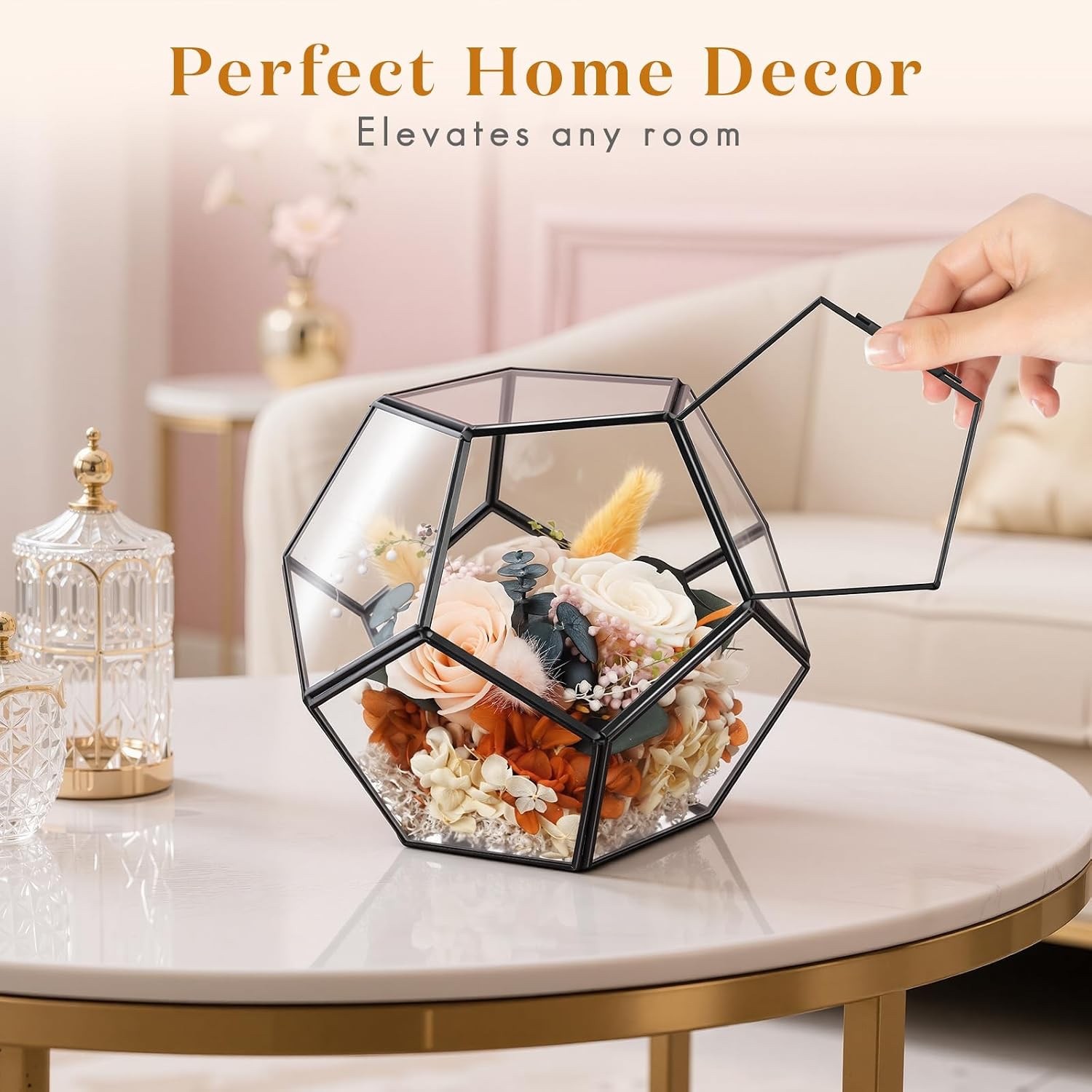 Preserved Rose Floral Arrangement in Geometric Glass Dome Gift for Mom Her