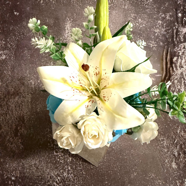 White Lily Blue Rose Centerpiece Faux Floral Arrangement Wooden Box Home Decor