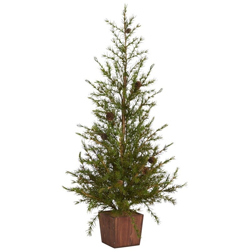 3ft Artificial Christmas Tree in Wood Planter W/ Faux Pine Cones Indoor Decor US