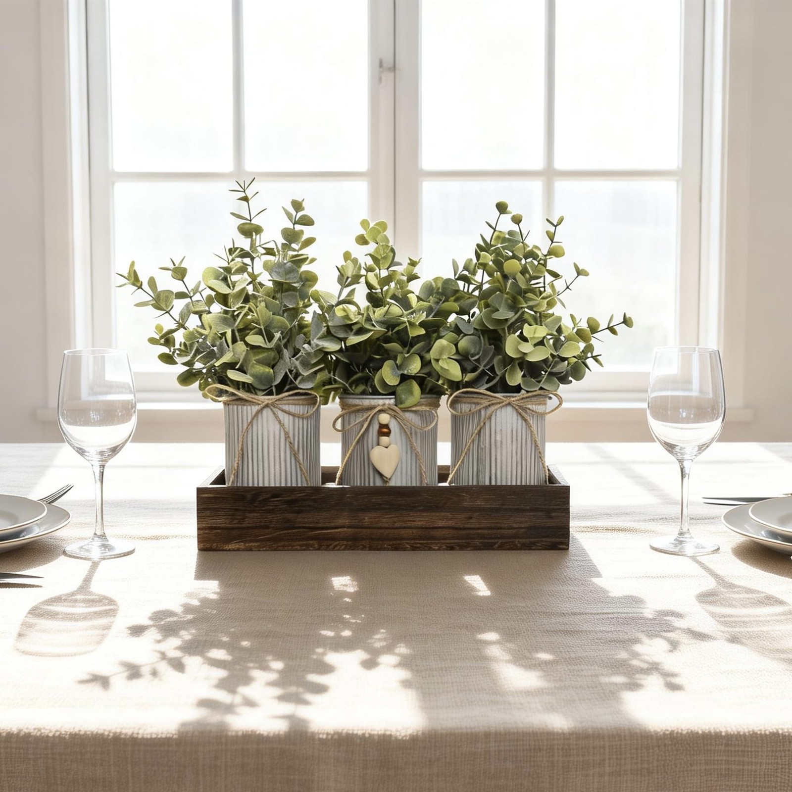 Rustic Farmhouse 3-Piece Artificial Eucalyptus Centerpiece – Wooden Tray with…