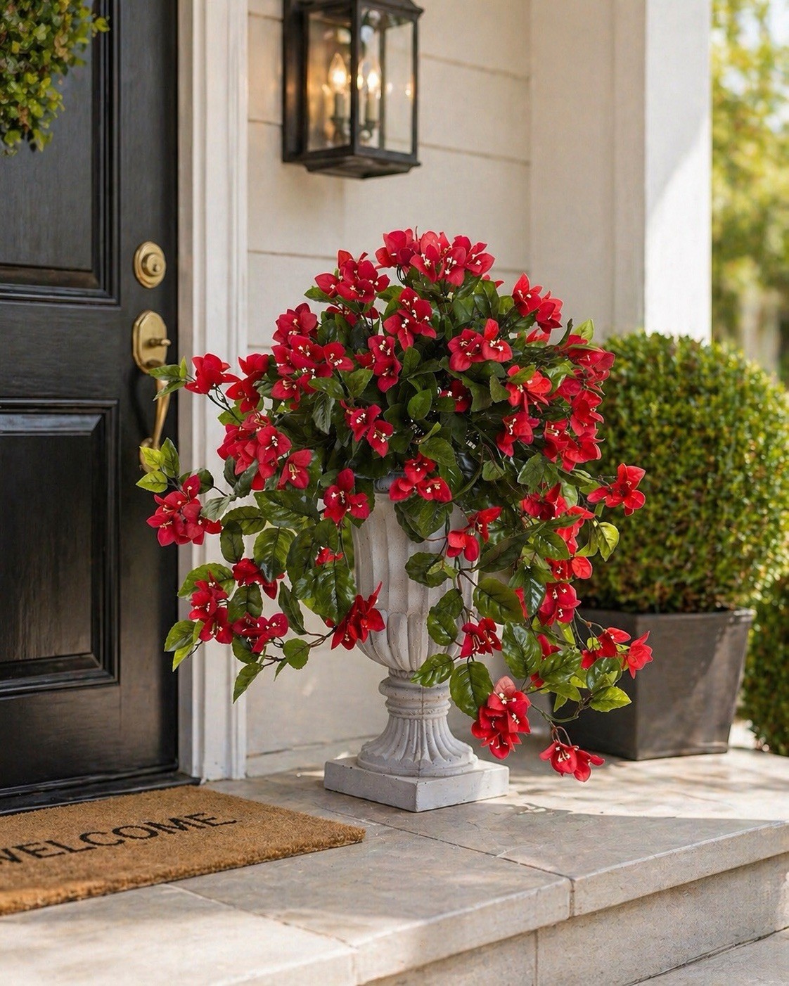 Artificial Bougainvillea Arrangement in Urn Vase, Red/Green Floral Decor
