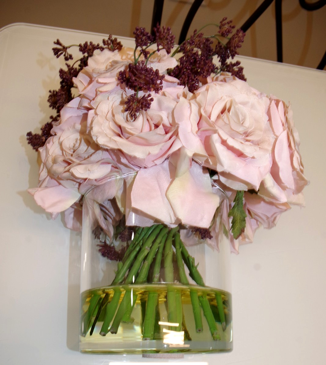 H Pink Roses & Burgundy Faux Floral Arrangement Clear Glass Vase Flower Bouquet
