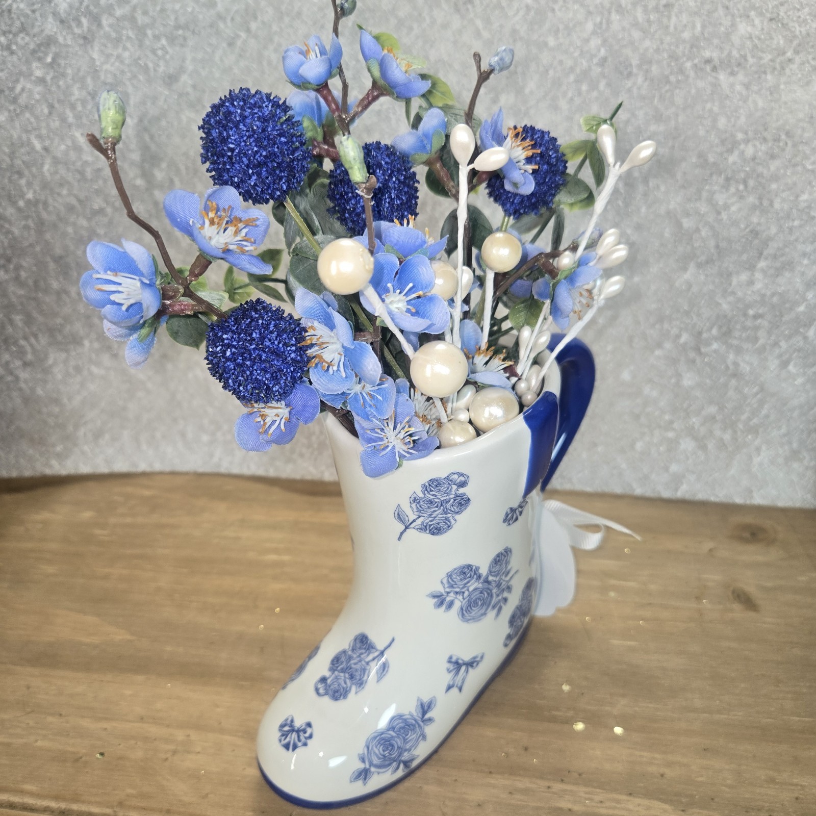 Flower Arrangement Porcelain Boot Vase Assorted Fake Flowers