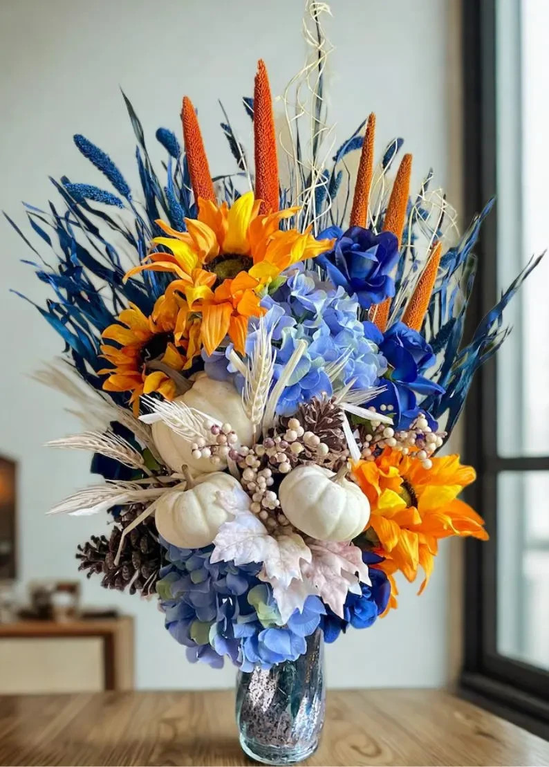 Sunflower Floral Arrangement: Blue Summer & Fall Home Decor, Table Centerpiece