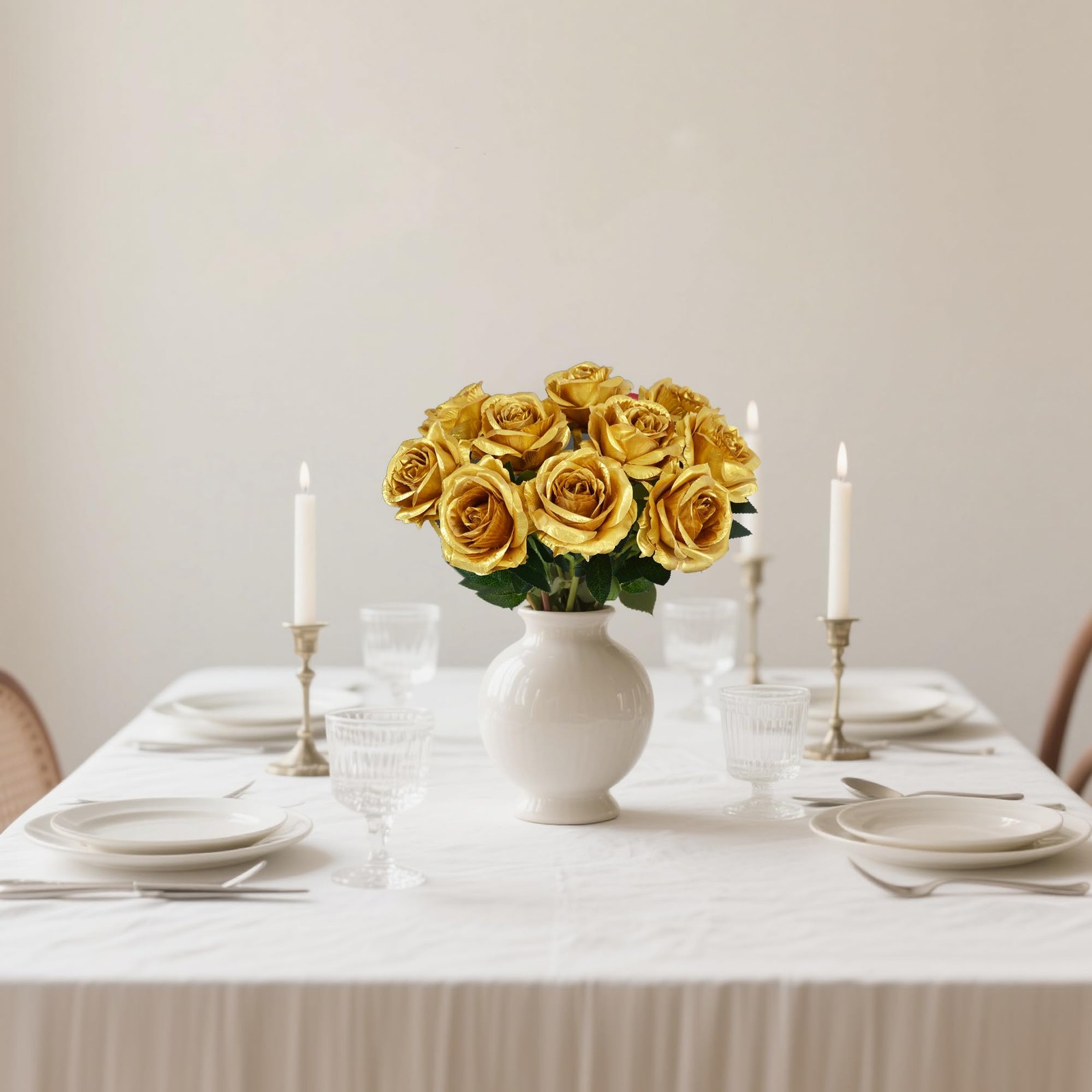 10 Pcs Gold Rose Artificial Flower, Faux Silk Flowers With Long Stems, Fake R…
