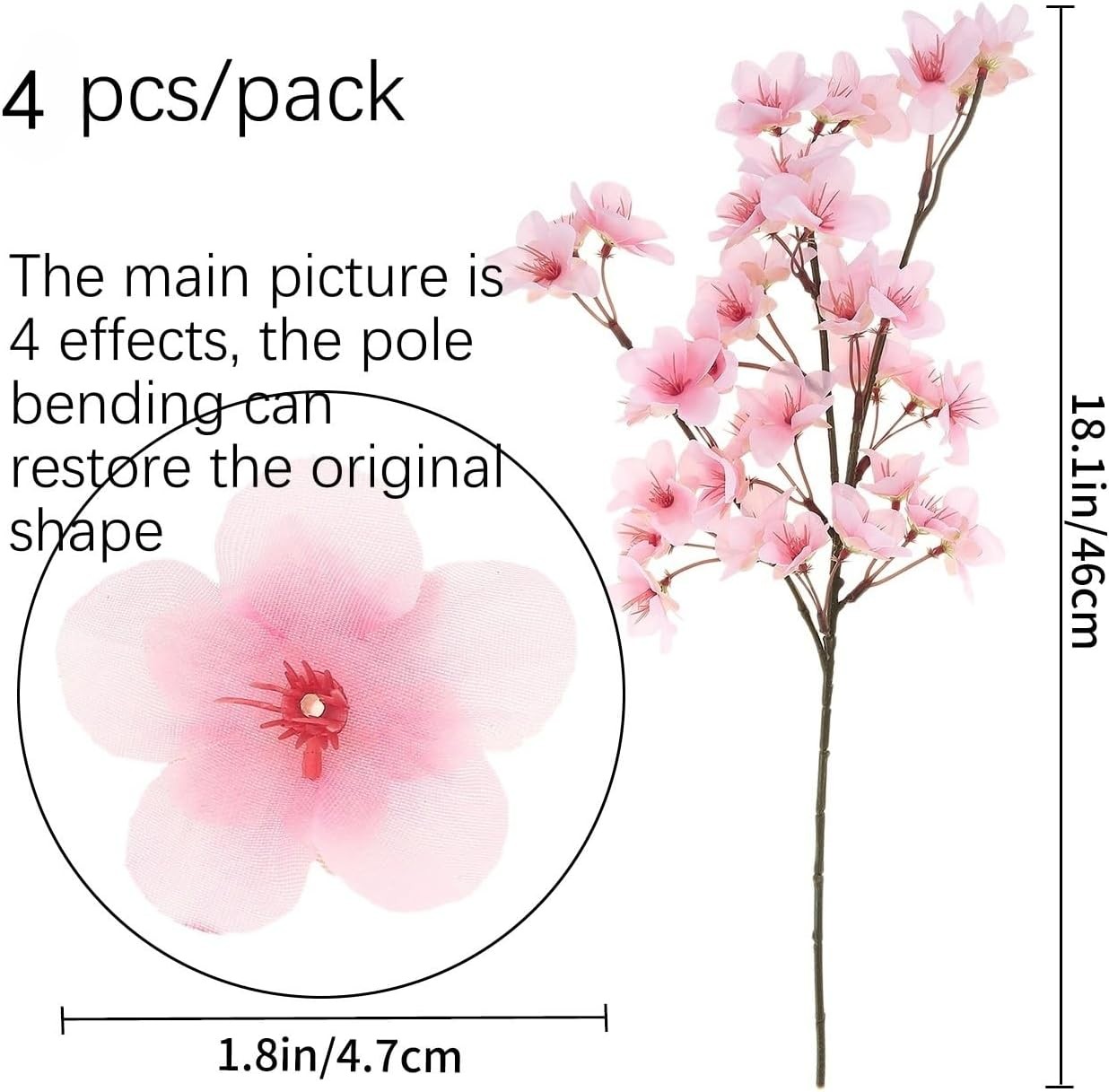4 Pcs Artificial Cherry Blossom Flower Branches, Bulk Silk Faux Flowers Real Tou