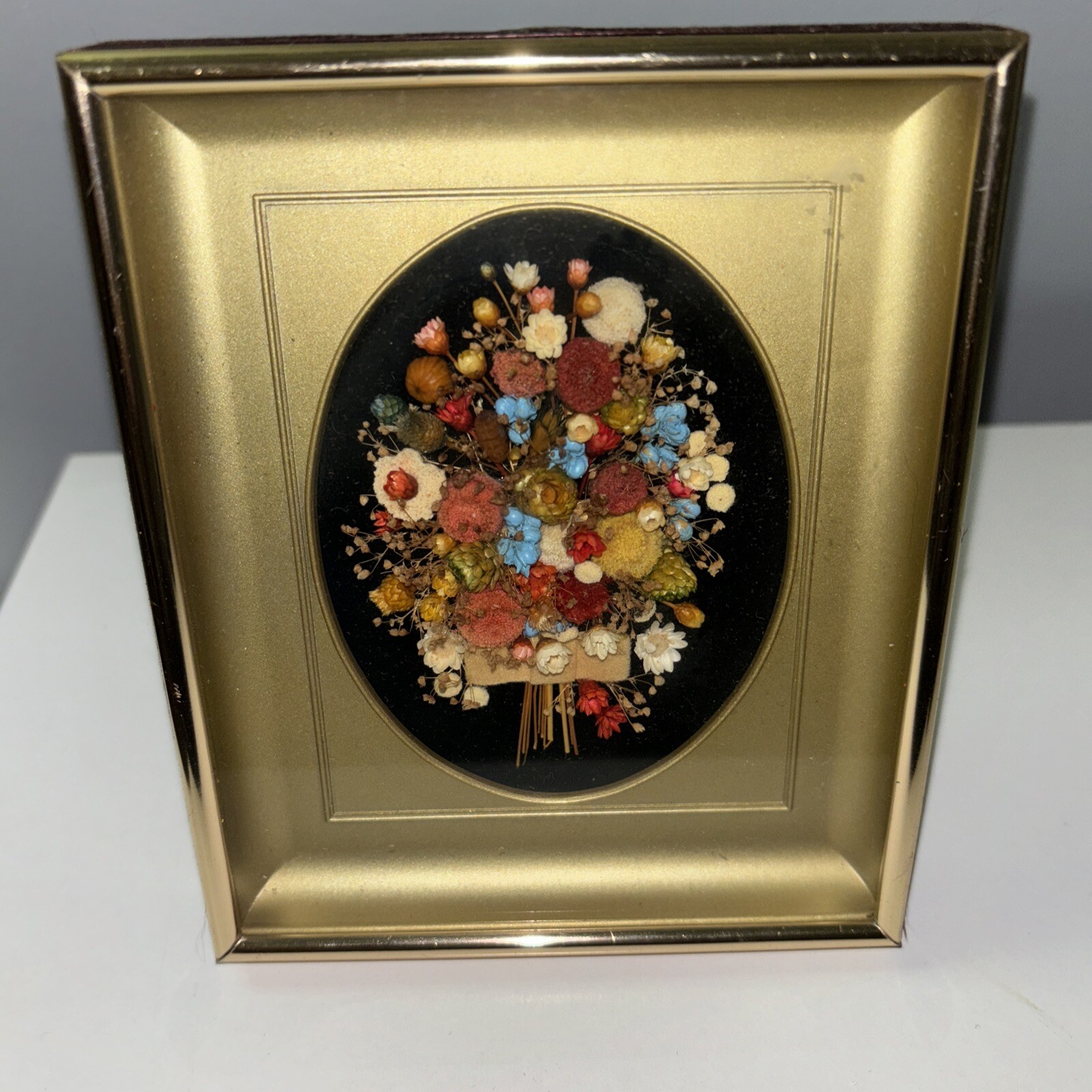 Vintage Pressed Dried Miniature Bouquet Art Velvet Gold Toned Frame MCM Cottage