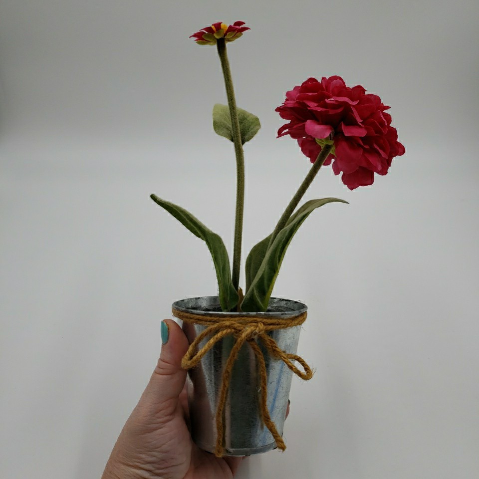 Artificial Flower Arrangement Rustic Metal Pot Farmhouse Cottage Floral Decor