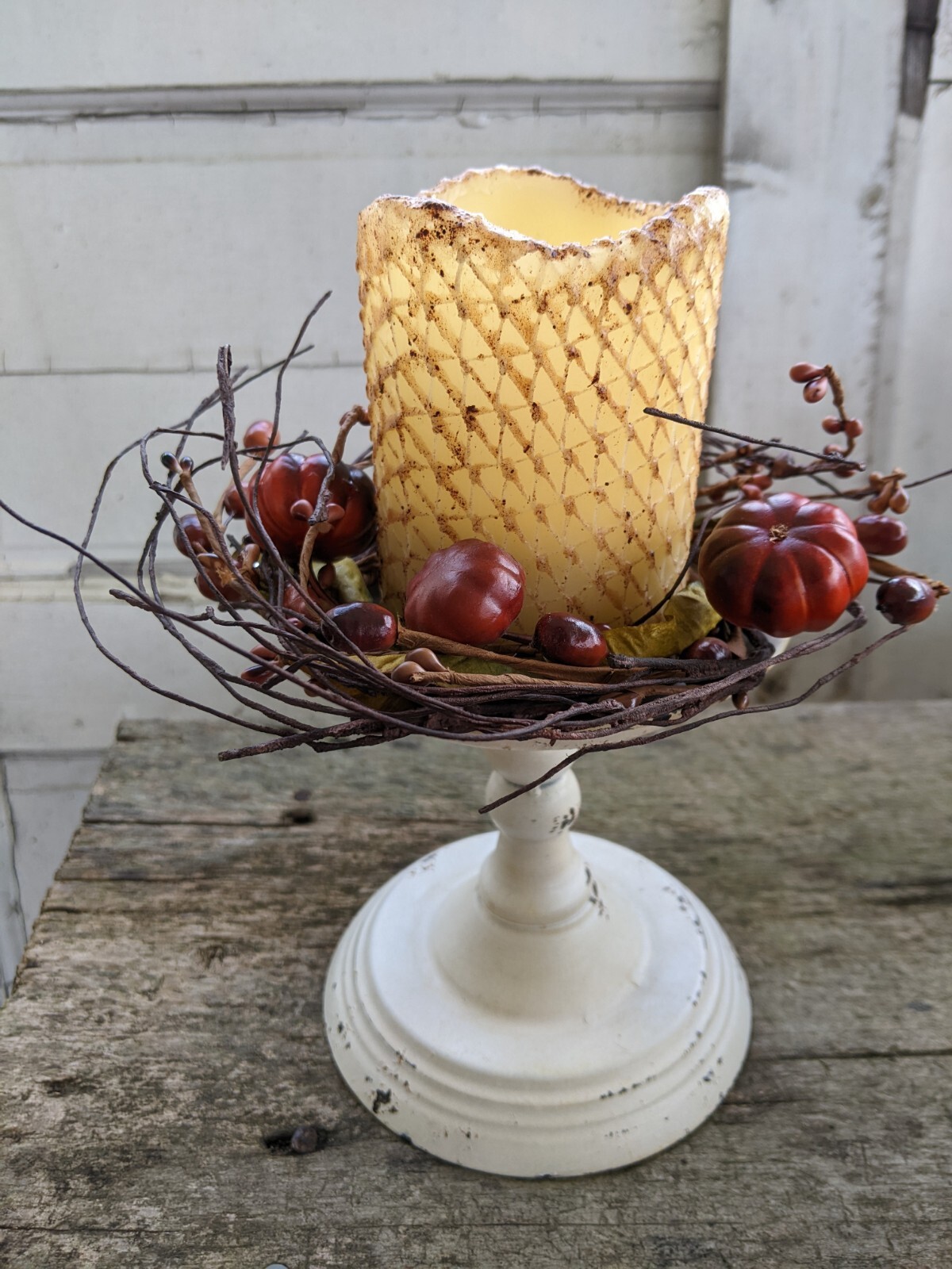 PUMPKIN BERRY CANDLE RING WREATH Pip Leaves Twig Autumn Fall Harvest 8″ x 3.5″