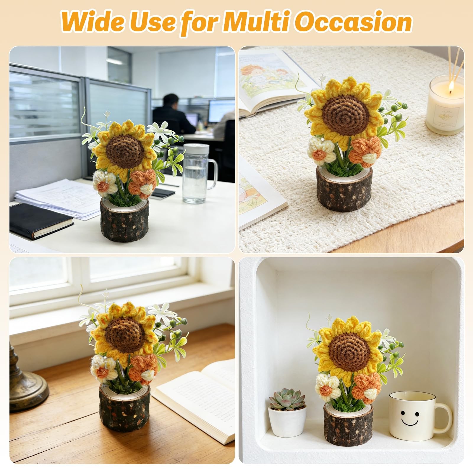 Handmade Knitted Sunflowers, Cute Crochet Flowers Bouquet with Wooden Pot