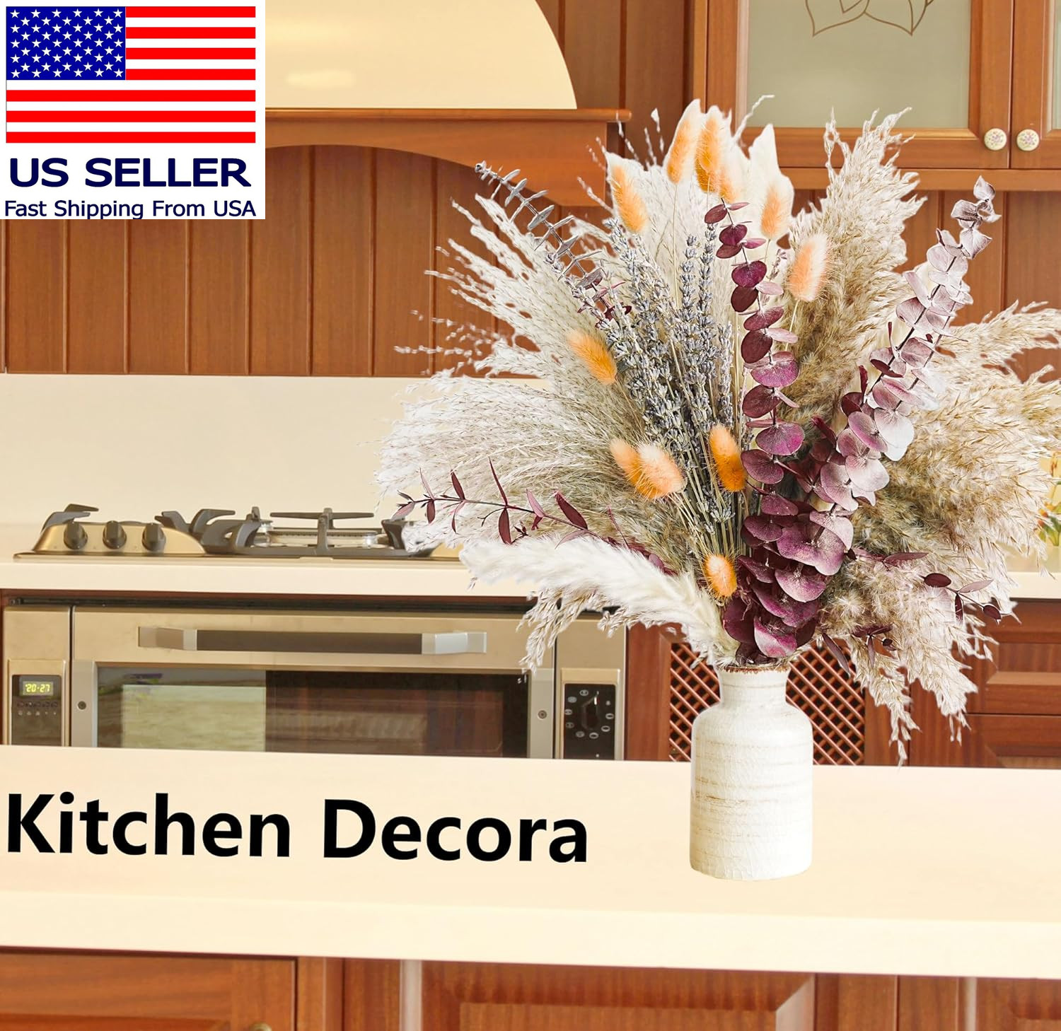 Fall Dried Flower Bouquet with Pampas Grass, Orange Bunny Tails, Lavender & Red