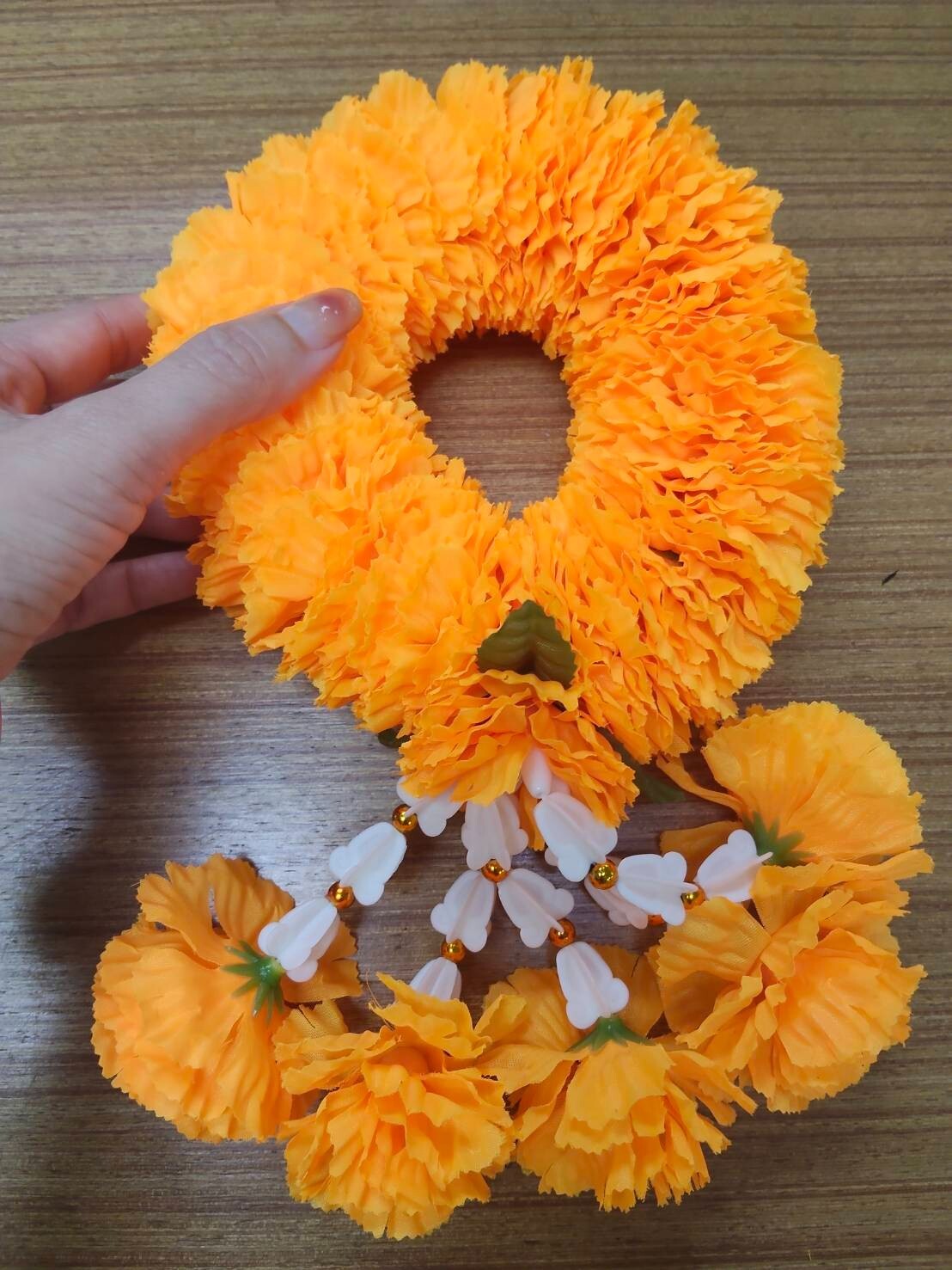 Fluffy Round Garland Hang Phuang Malai Artificial Thai Marigold Flower Fabric