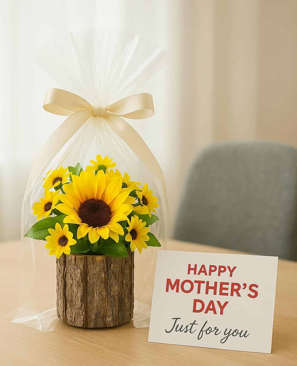 Artificial Sunflowers For Spring Decor Small Potted Flower In Log Planters Table