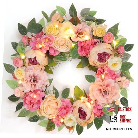 [Lighted & Timer] 22″ Spring Summer Wreaths for Front Door Peony Wreath with