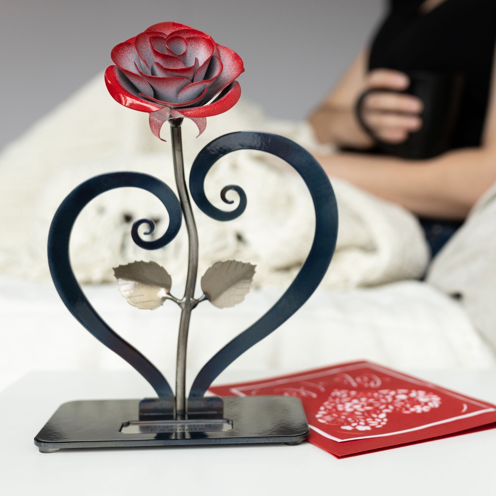 Red Metal Rose with Heart-Shaped Stand – Iron Anniversary Gift