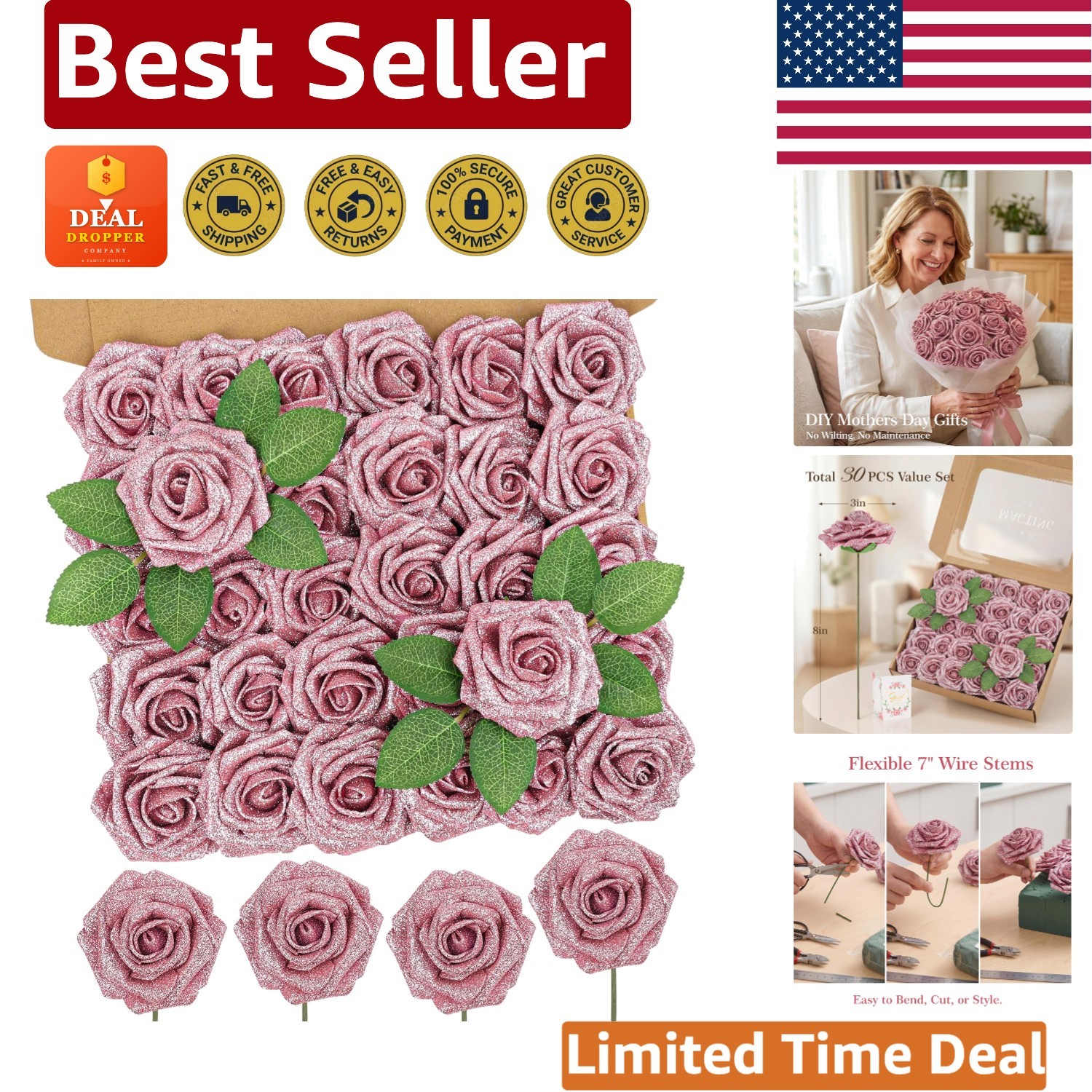 Charming 30PCS Pink Artificial Roses – Ideal for Seasonal Decorations and Gifts