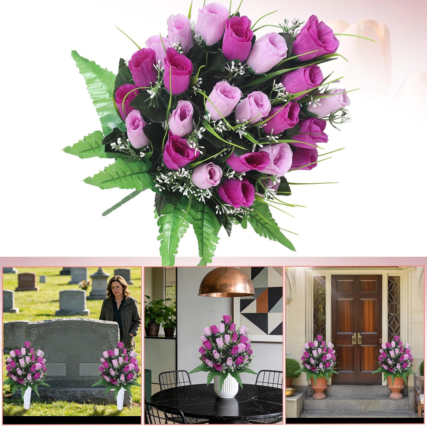 Artificial Cemetery Flowers with Vases 2 Sets Memorial Rose Bouquets for Outdoor