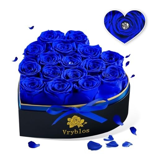 Heart-Shaped Blue Roses in Box – 16 Preserved Real Flowers for Eternal Gifts