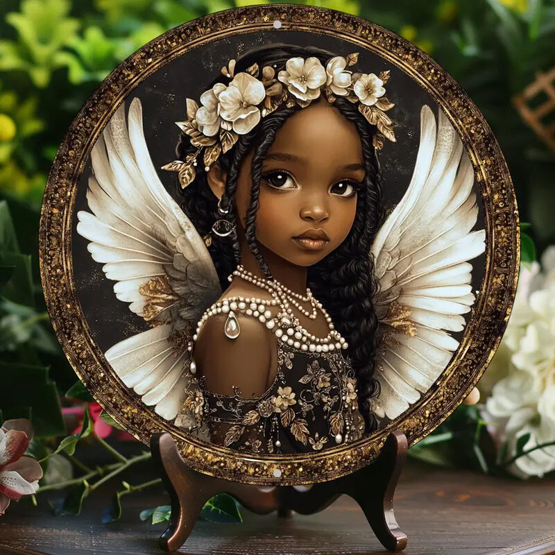 2D Round Flat Printed Acrylic African Angel Doll Sign Gold Cherub Sign