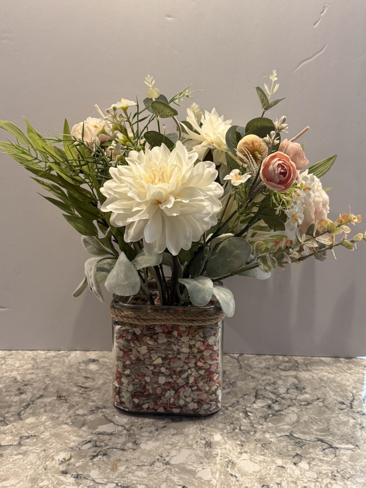 Spring Silk Floral Arrangement Clear Glass Vase Shell Chips Beach Decor